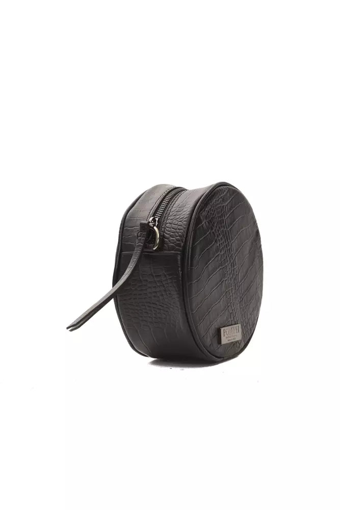 Black embossed leather round crossbody bag with a zip closure and a small metal logo badge
