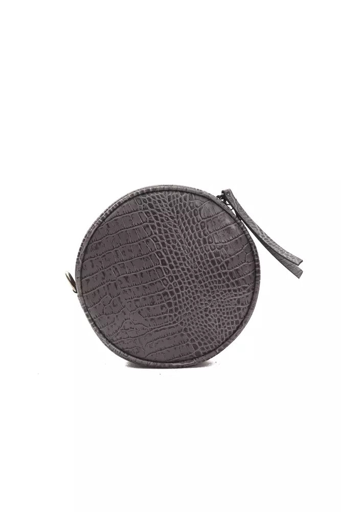 Gray round embossed leather crossbody bag with a zipper closure