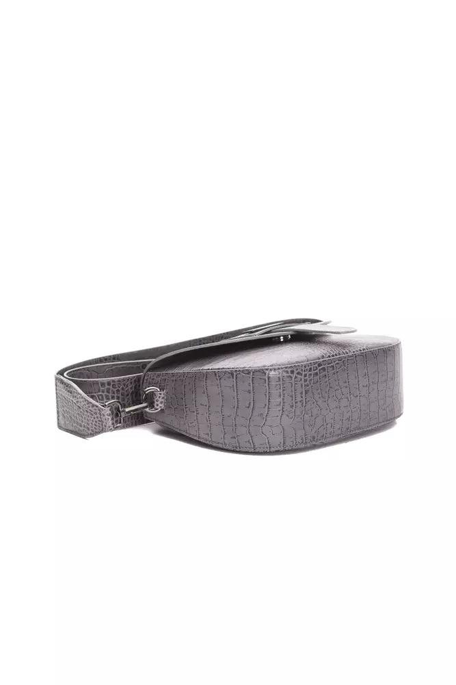 Gray crocodile embossed leather crossbody bag with flap and strap