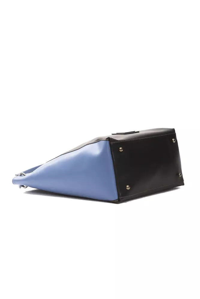 Black and blue leather shoulder bag with metal feet on the bottom resting on a white background