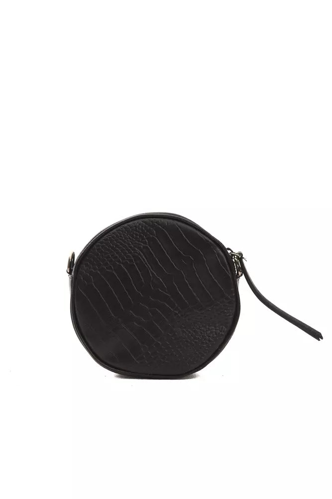 Black leather round crossbody bag with a textured pattern and zipper pull