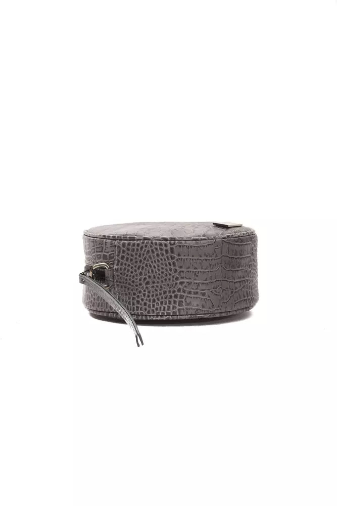 Grey embossed leather round crossbody bag