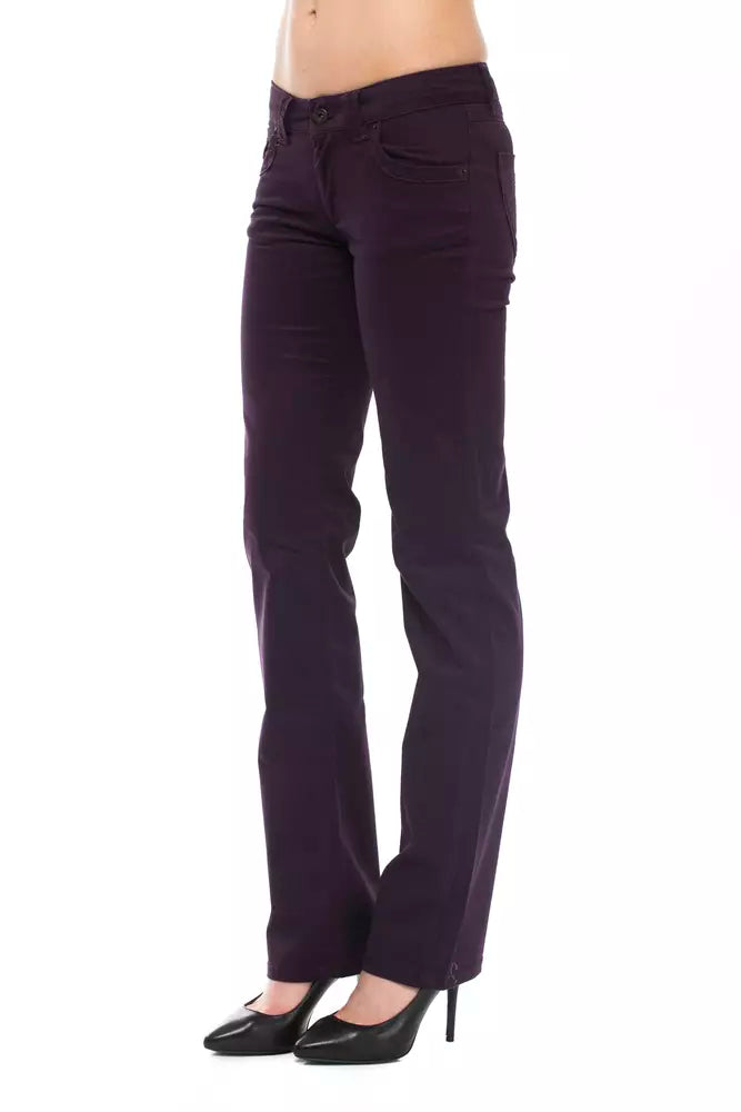 Purple cotton women jeans styled with classic pockets and low rise fit
