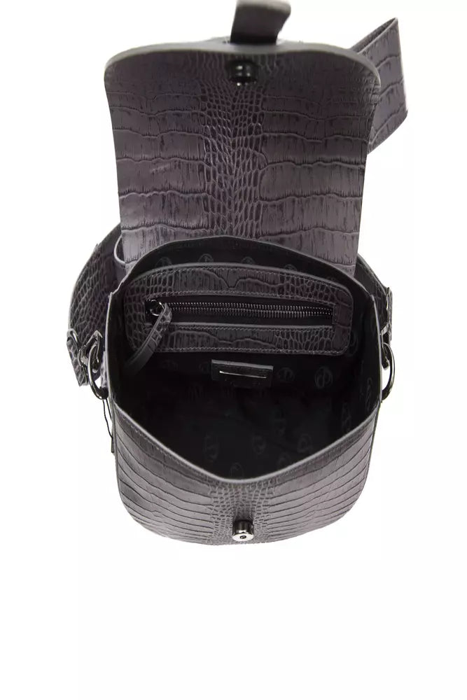Open gray leather crossbody bag with crocodile texture, shown from above revealing interior and zippered pocket
