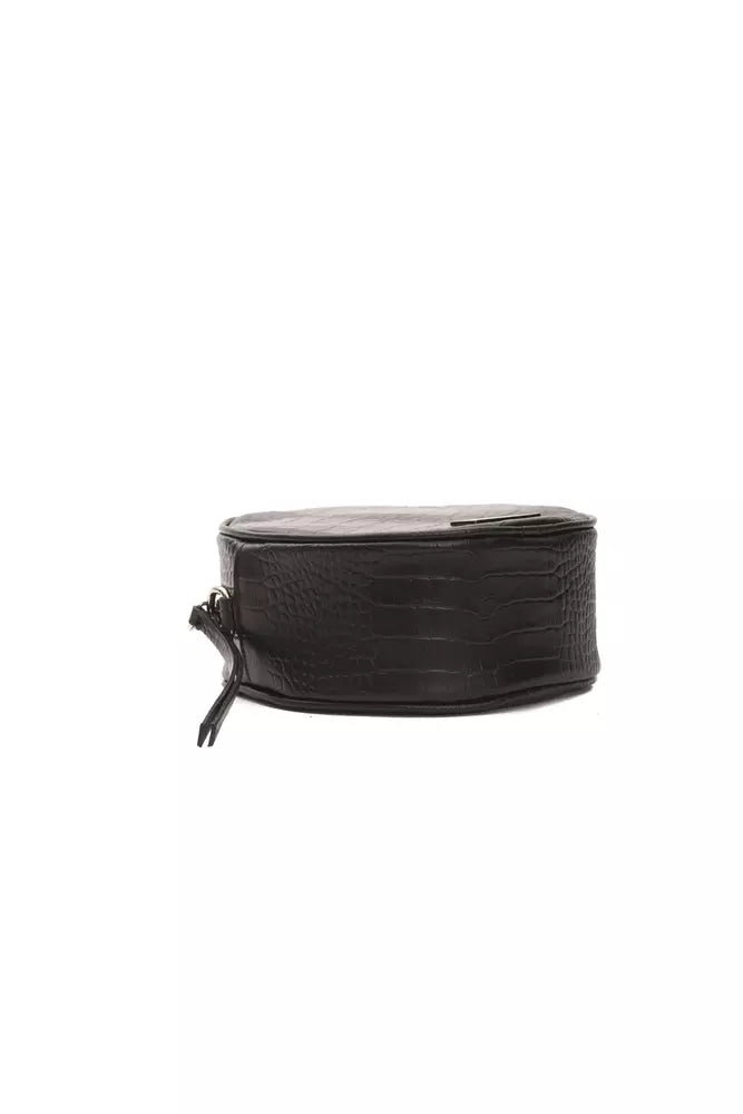 Black crocodile embossed leather round crossbody bag
