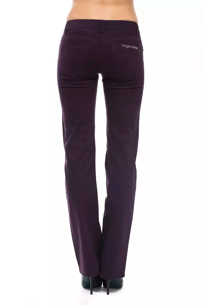 Purple cotton women's jeans worn on a model, viewed from behind