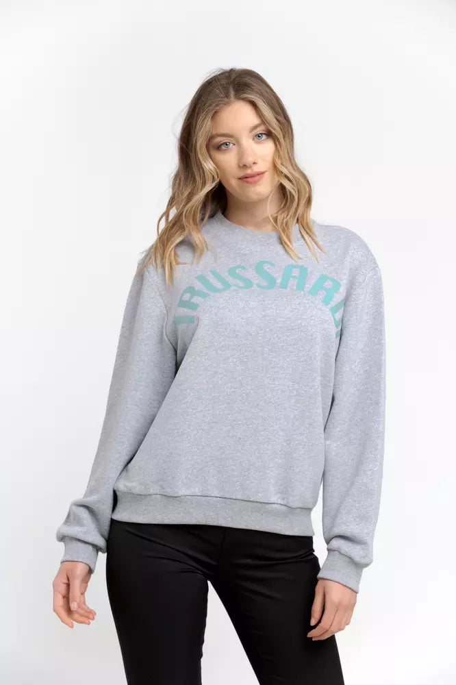 Gray cotton crewneck women's sweatshirt featuring a light blue Trussardi logo across the chest
