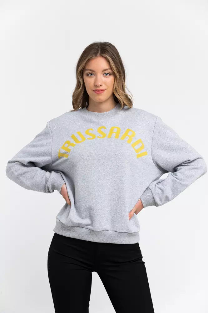 Gray cotton crewneck sweatshirt with yellow Trussardi logo for women