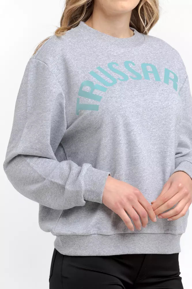 Gray cotton women sweatshirt with light blue Trussardi logo on chest