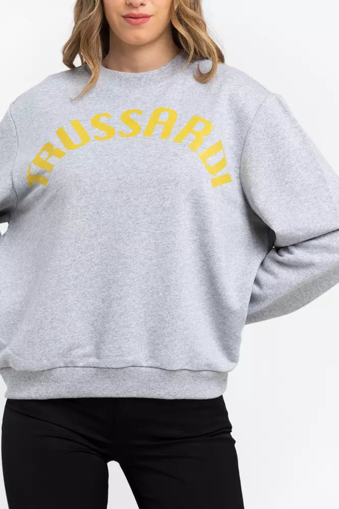 Gray cotton women sweatshirt with yellow Trussardi logo on the chest