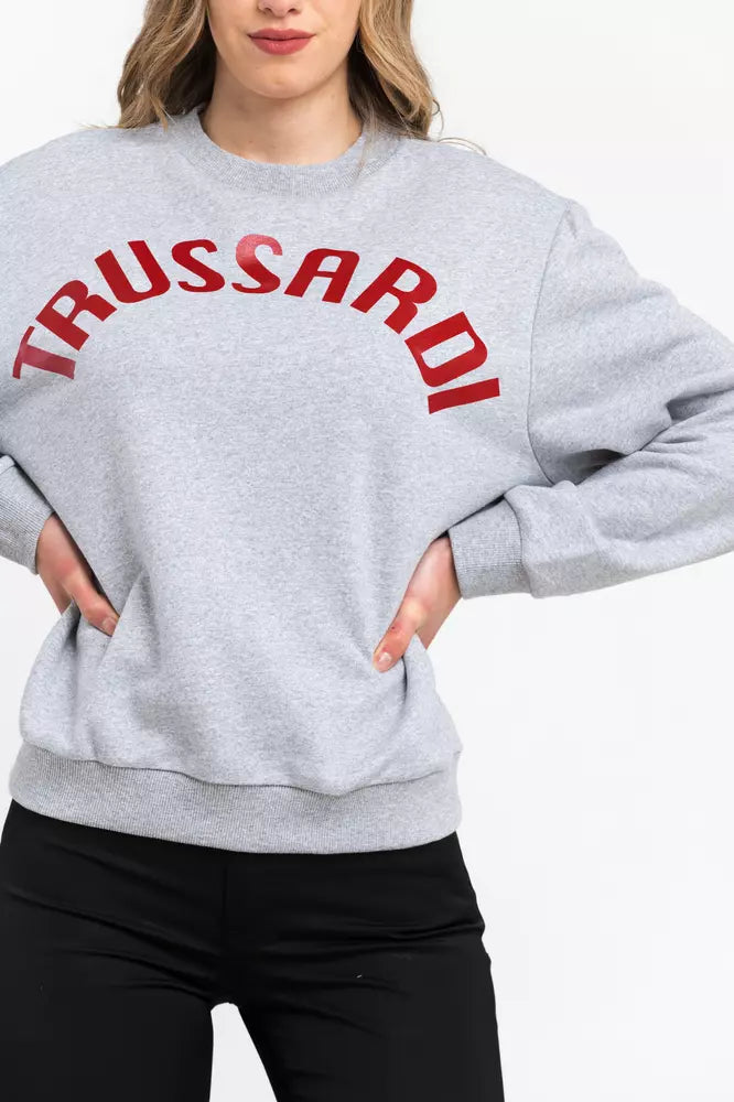 Gray cotton women sweatshirt with red Trussardi logo on the chest
