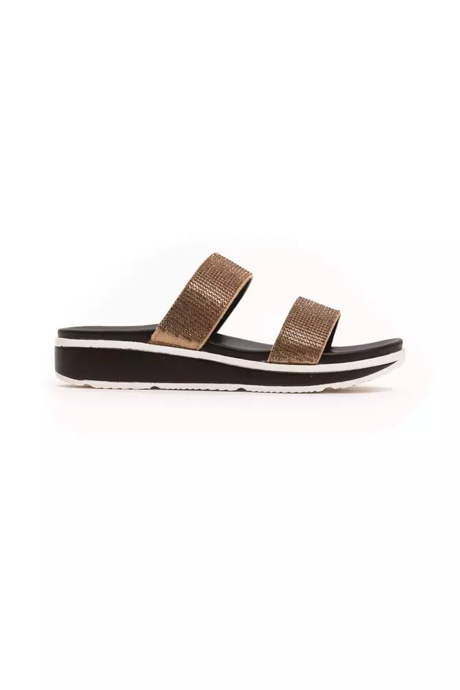 Beige, glittery double-strap slide sandal with a black-and-white platform sole.