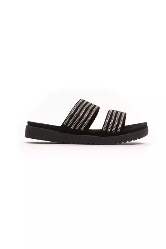 Black textile slide sandal with two wide straps adorned with rows of shimmering silver rhinestones and a lug sole.