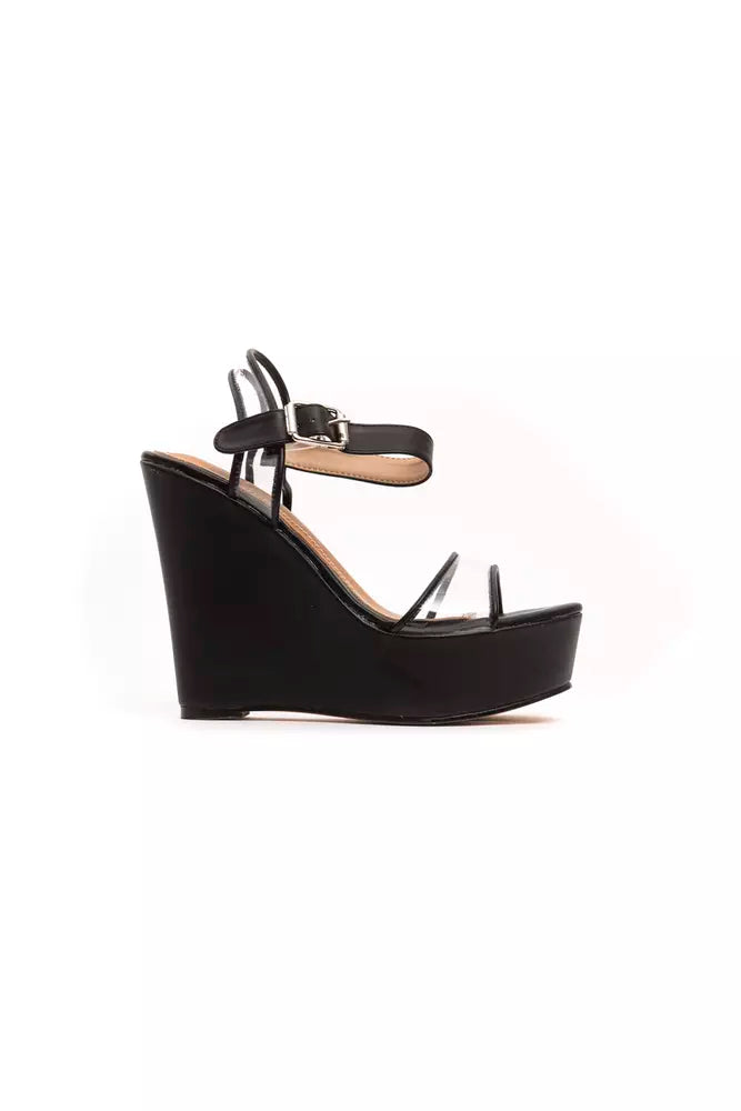 Black polyethylene wedge sandal with a transparent strap, platform sole, and buckle ankle strap.