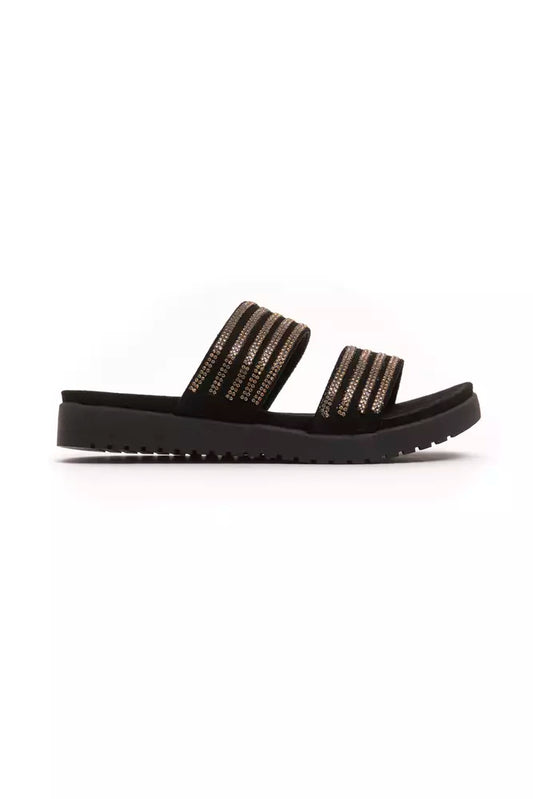Black textile slide sandal with two straps featuring rows of gold-toned rhinestone embellishments and a lug sole.