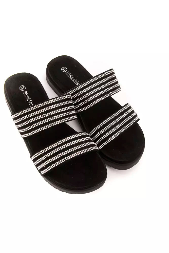 Black textile slides with two wide straps featuring rows of silver rhinestone embellishments.