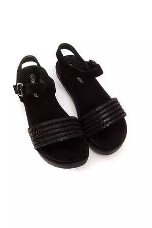 Black textile women's sandals with buckled ankle straps and embellished, multi-strap toe bands.