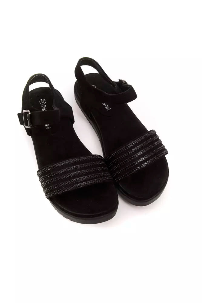 Black textile women's sandals with buckled ankle straps and embellished, multi-strap toe bands.