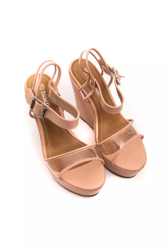 Beige polyethylene wedge sandals with clear straps, buckled ankle straps, and open-toe design by Péché Originel.