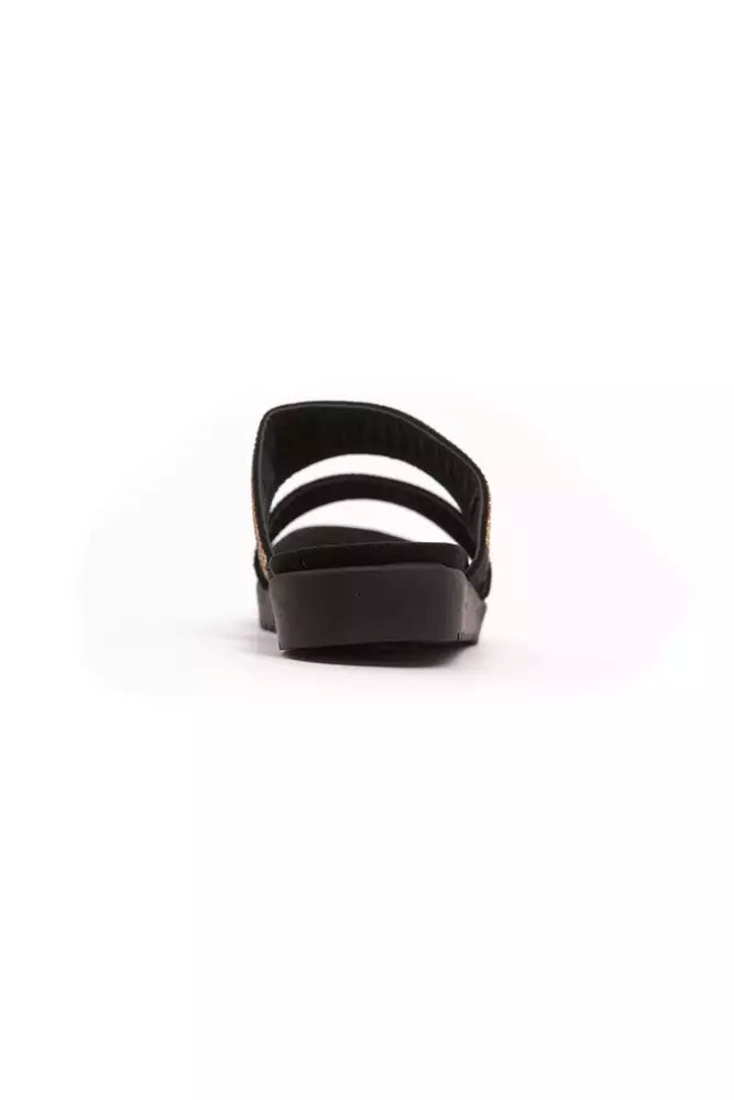 Black Péché Originel women's slide sandal featuring textile straps with gold metallic accents and a thick flat sole.