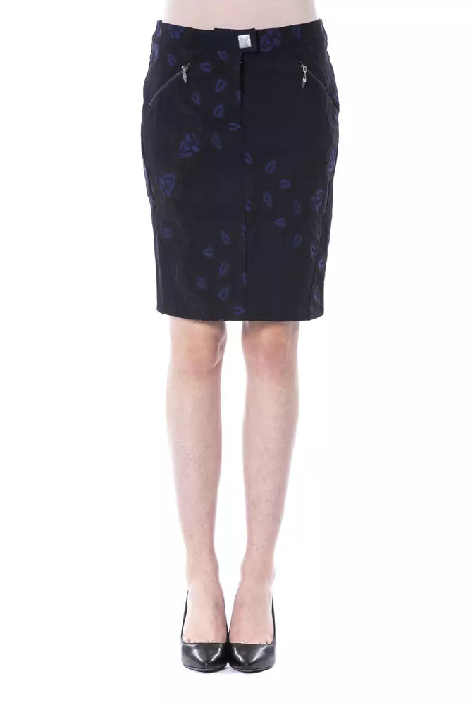 Dark blue cotton knee-length pencil skirt with black pattern and zipper pockets