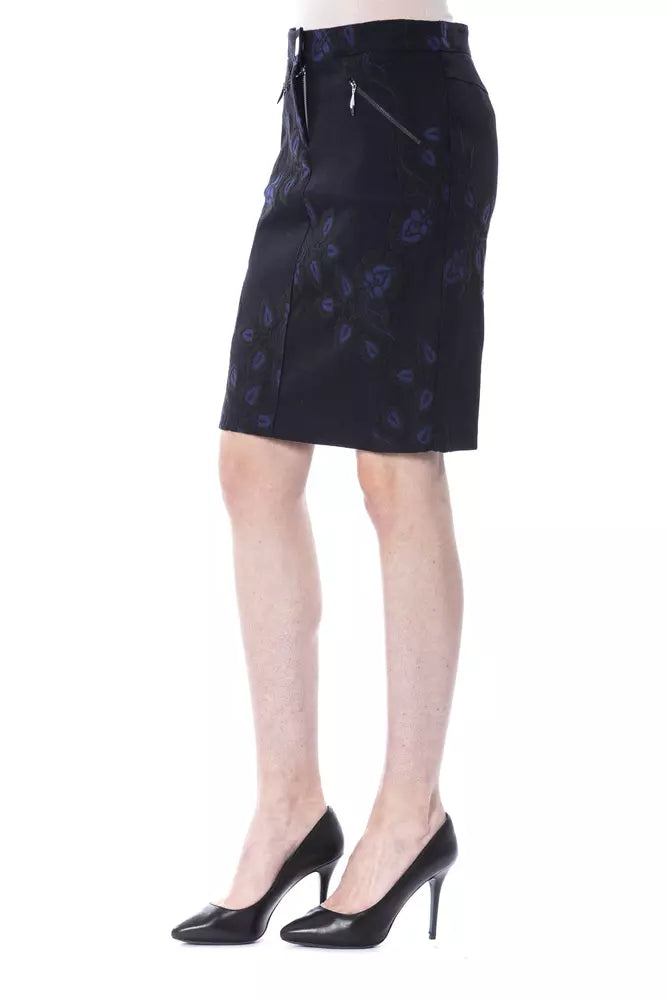 Blue cotton women's knee-length pencil skirt with a black floral pattern and zipper pockets