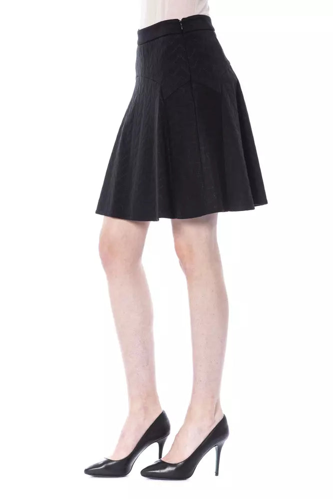 Black textured polyester flared mini skirt for women