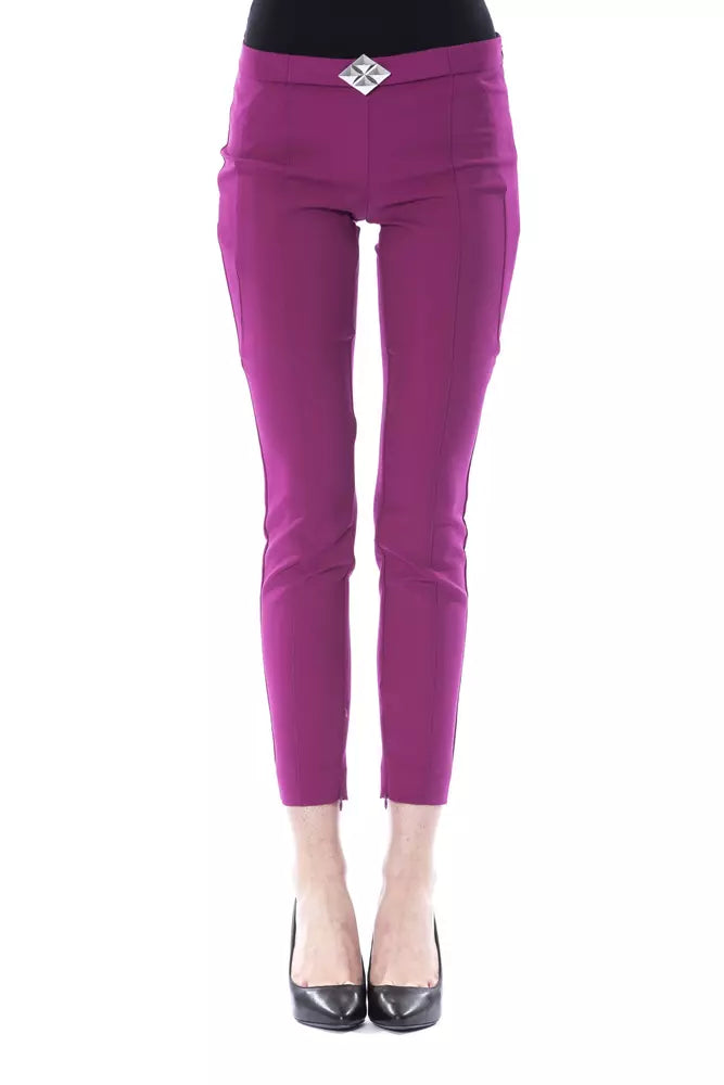 Purple polyester slim-fit women pants with a decorative silver belt buckle