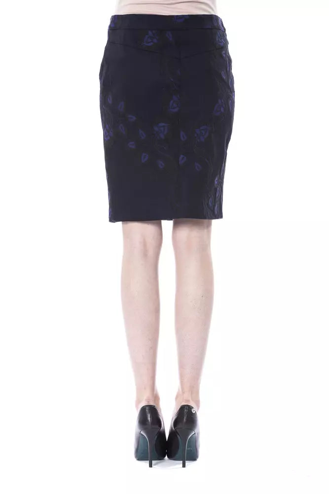 Blue floral print cotton knee-length pencil skirt worn by a model
