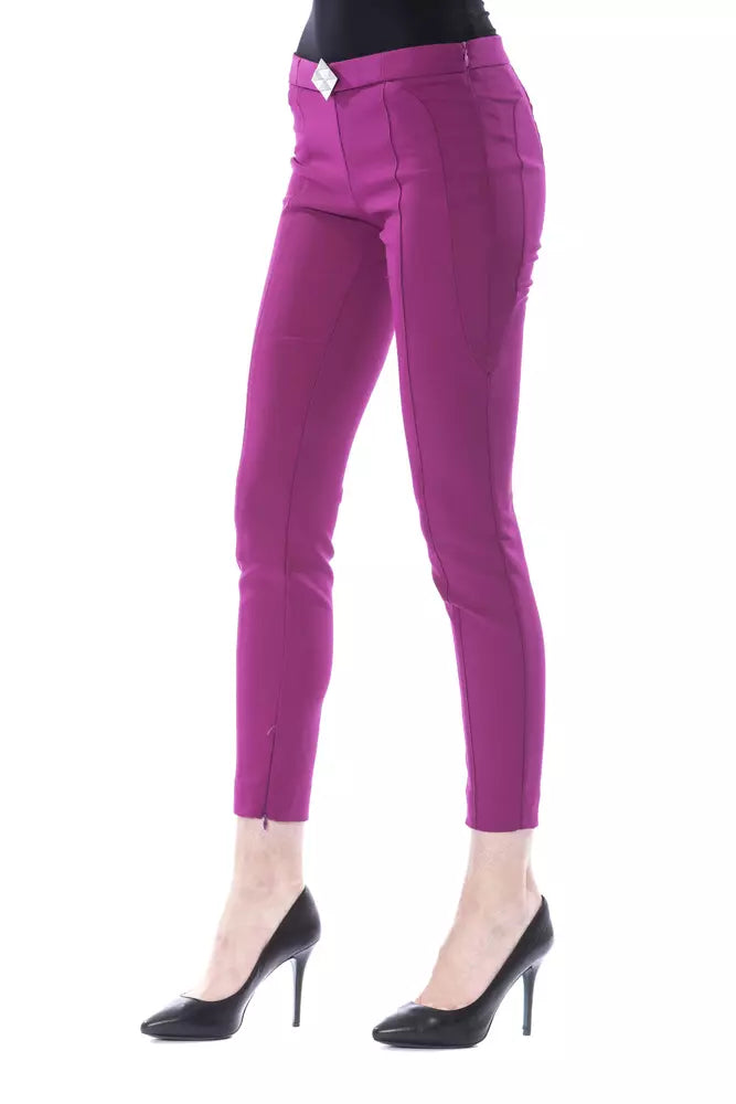 Purple fitted polyester women pants with front seam details and a decorative waist buckle