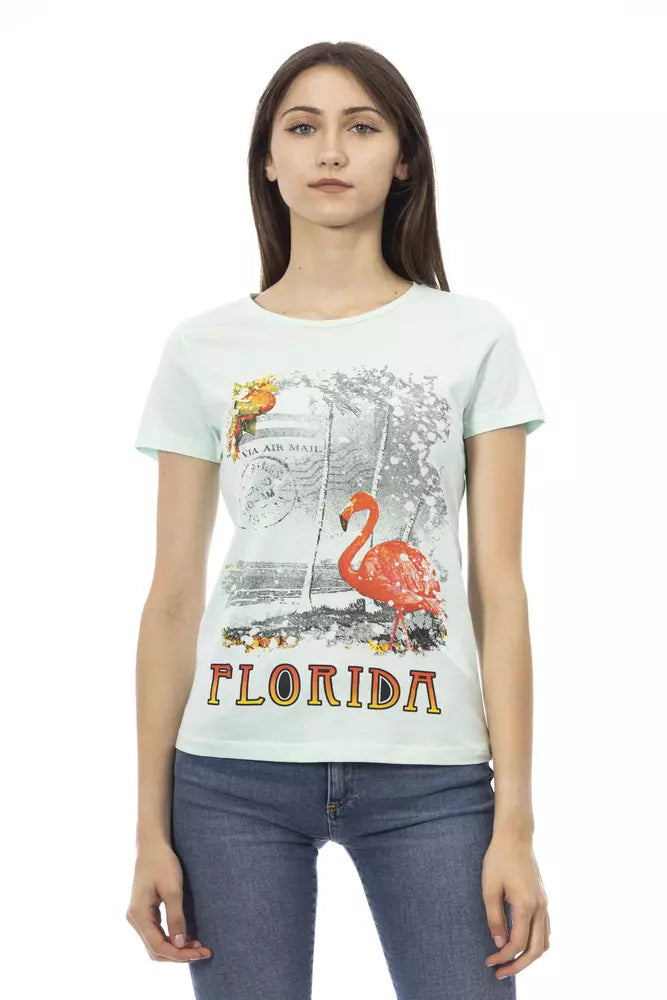 Light blue cotton women t-shirt with Florida flamingo graphic print