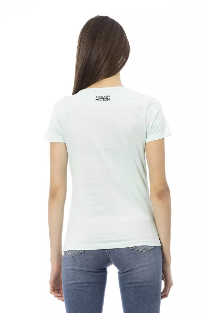 Light blue cotton women t-shirt with short sleeves and small logo print on the back