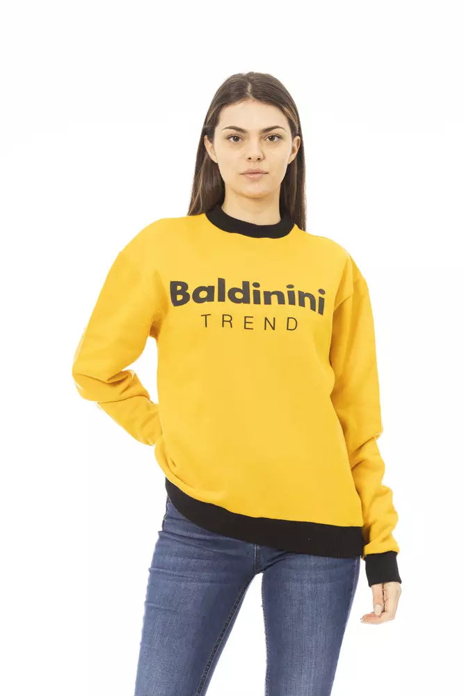 Yellow cotton women sweatshirt with black contrast trim and logo branding