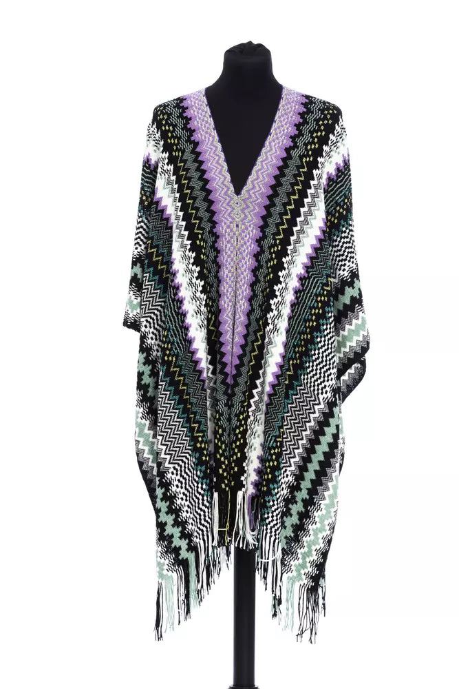 Missoni multicolor knit wool poncho with chevron pattern and fringe