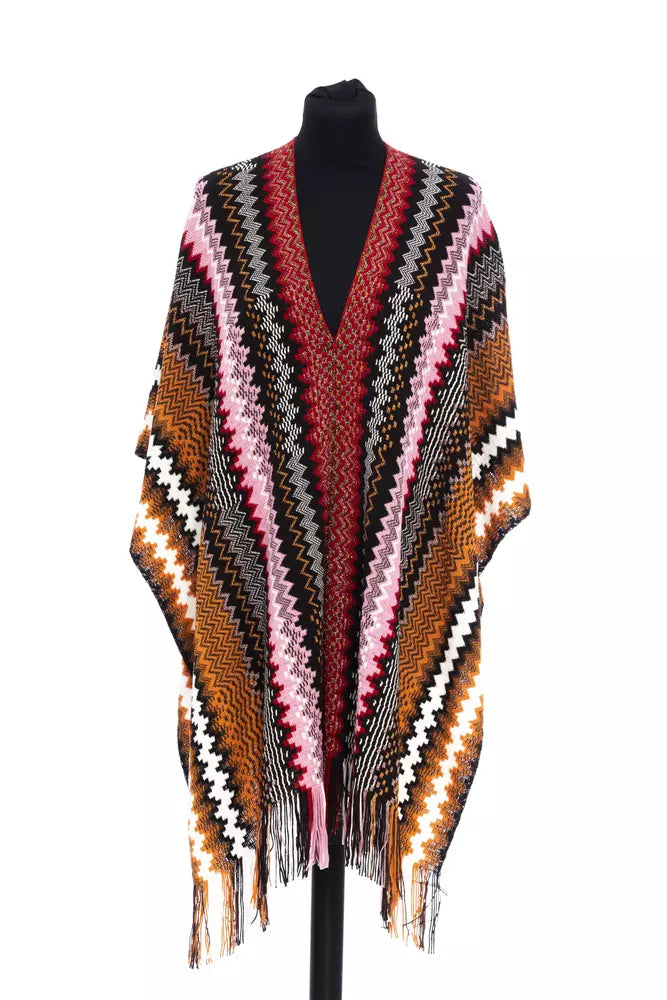 Missoni multicolor zigzag knit wool poncho with fringe hem