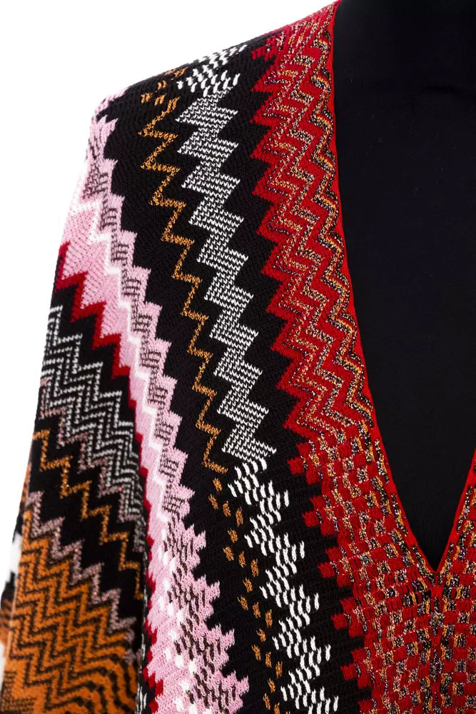 Missoni multicolored knit wool poncho featuring a bold zig-zag pattern in red, black, pink, and white