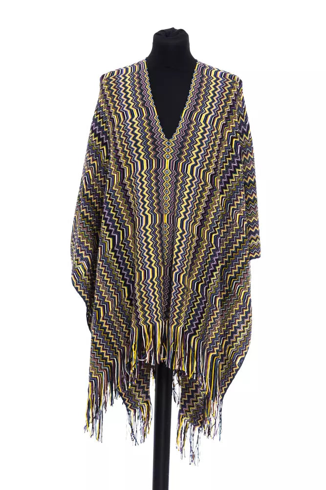 Missoni multicolor chevron knit wool poncho with V-neck and fringed hem