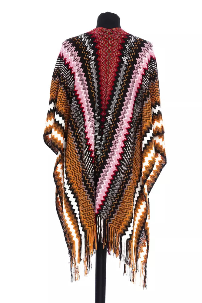 Multicolor zig-zag knit wool poncho with fringe hem