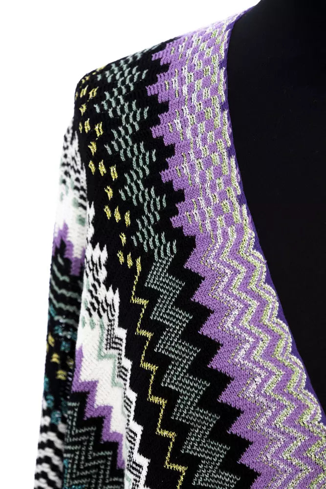 Missoni multicolored wool knit poncho with a zig-zag pattern in purple, black, white, and green