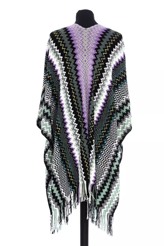 Missoni multicolored zig-zag knit wool poncho with fringe hem