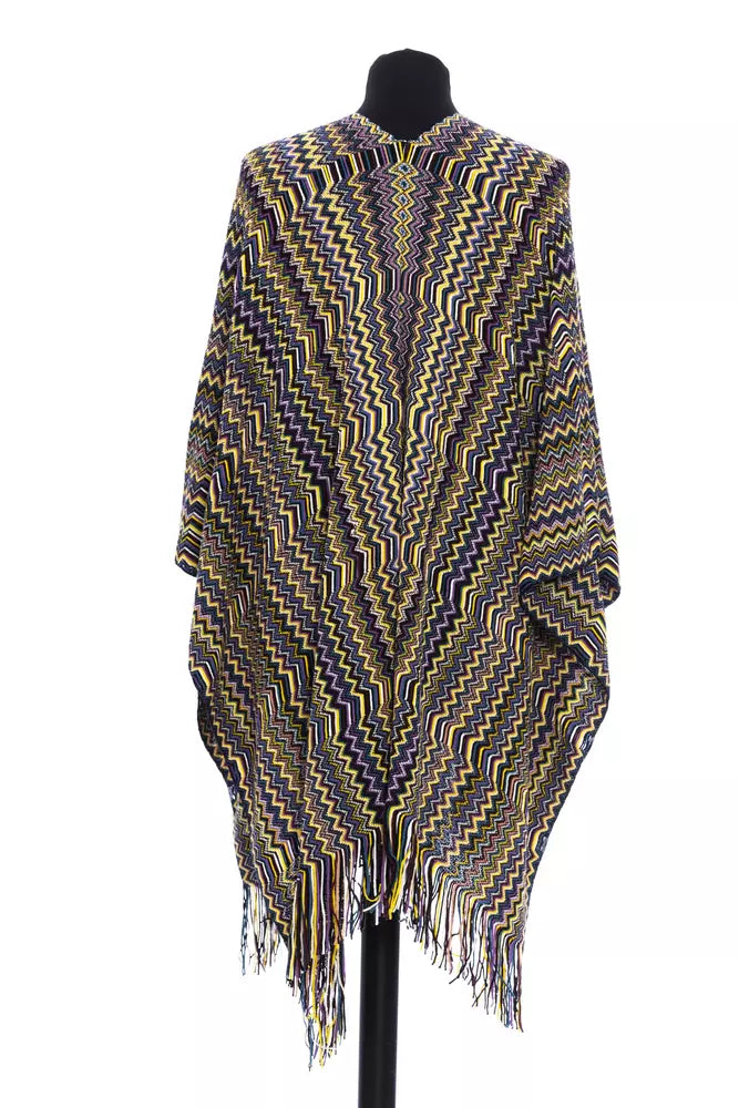 Multicolor wool poncho featuring signature chevron knit pattern and fringe hem