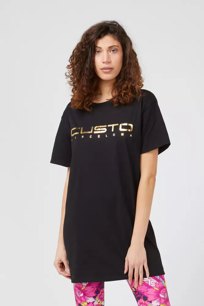 Black cotton women's t-shirt with gold foil logo text across the chest