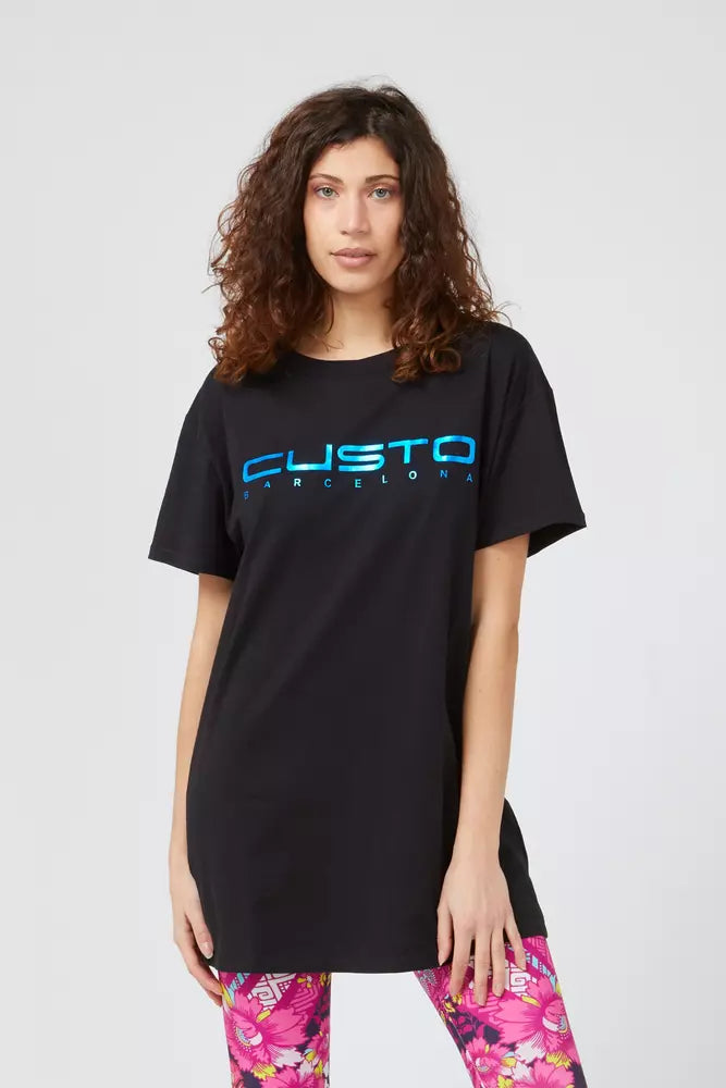 Black cotton t-shirt with short sleeves and metallic blue Custo Barcelona logo across the chest
