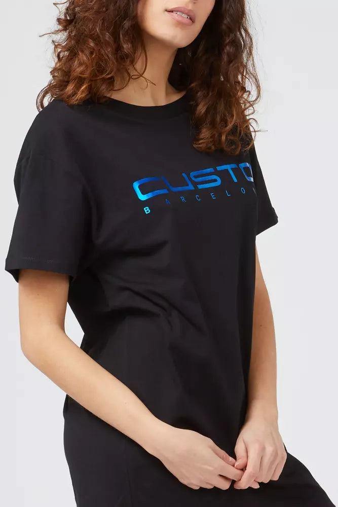Black cotton women t-shirt with blue metallic Custo Barcelona logo on chest