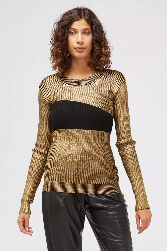 Metallic gold and black ribbed knit crewneck sweater for women