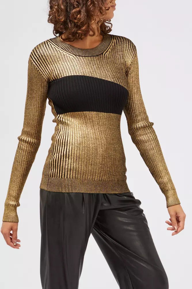 Metallic gold and black ribbed wool sweater with long sleeves and a crew neck worn by a woman