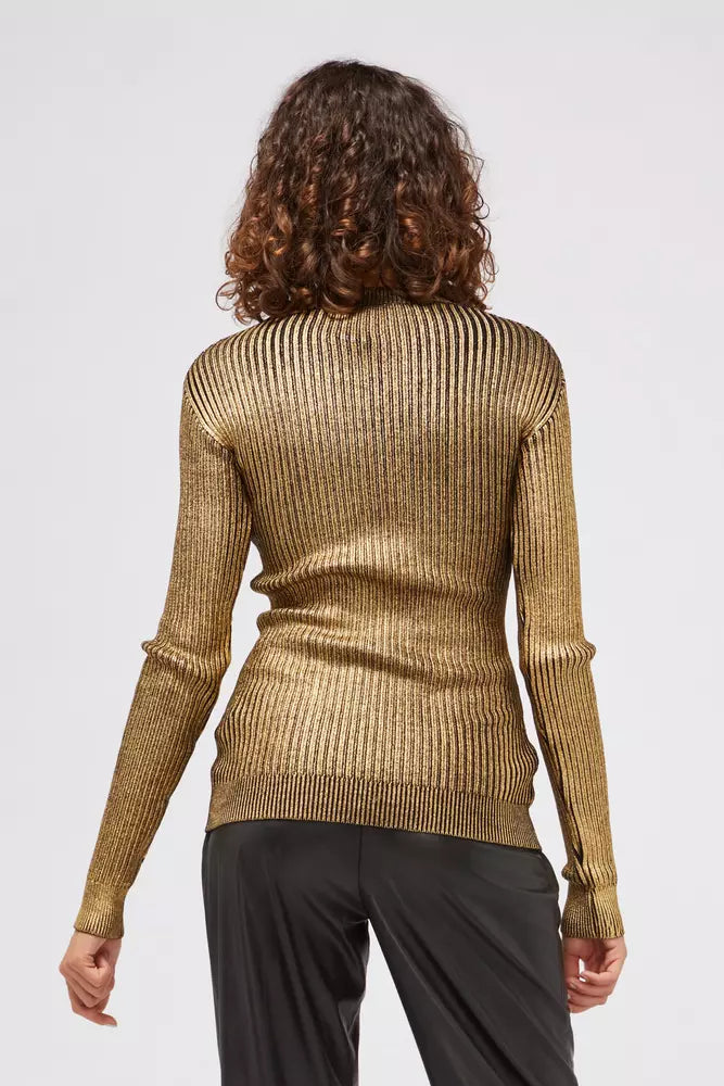 Gold ribbed knit long sleeve sweater worn from the back