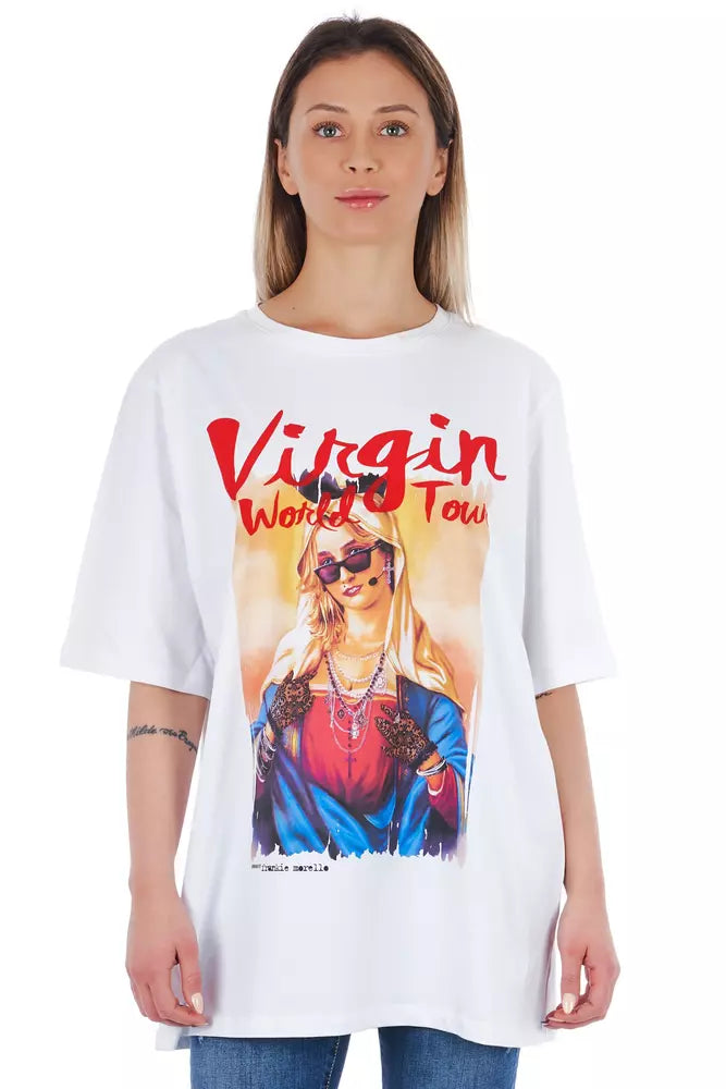 White cotton women's t-shirt with short sleeves and a graphic print of a woman in sunglasses and a blue robe