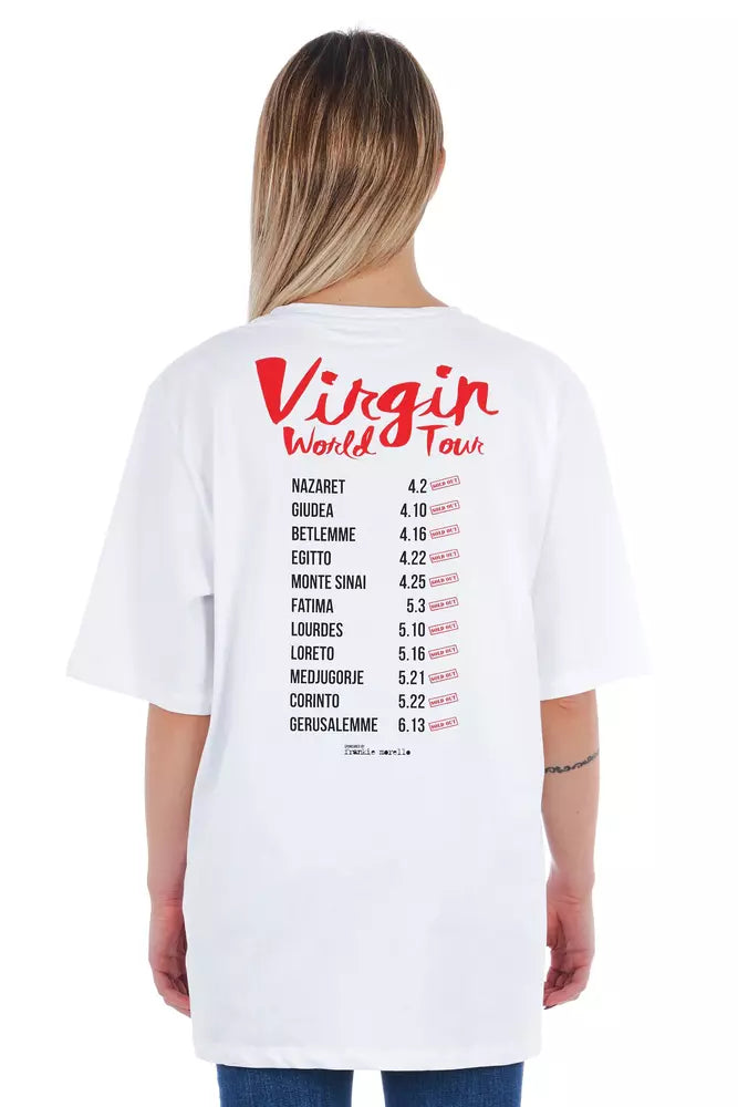 White cotton women t-shirt with short sleeves and a graphic print on the back
