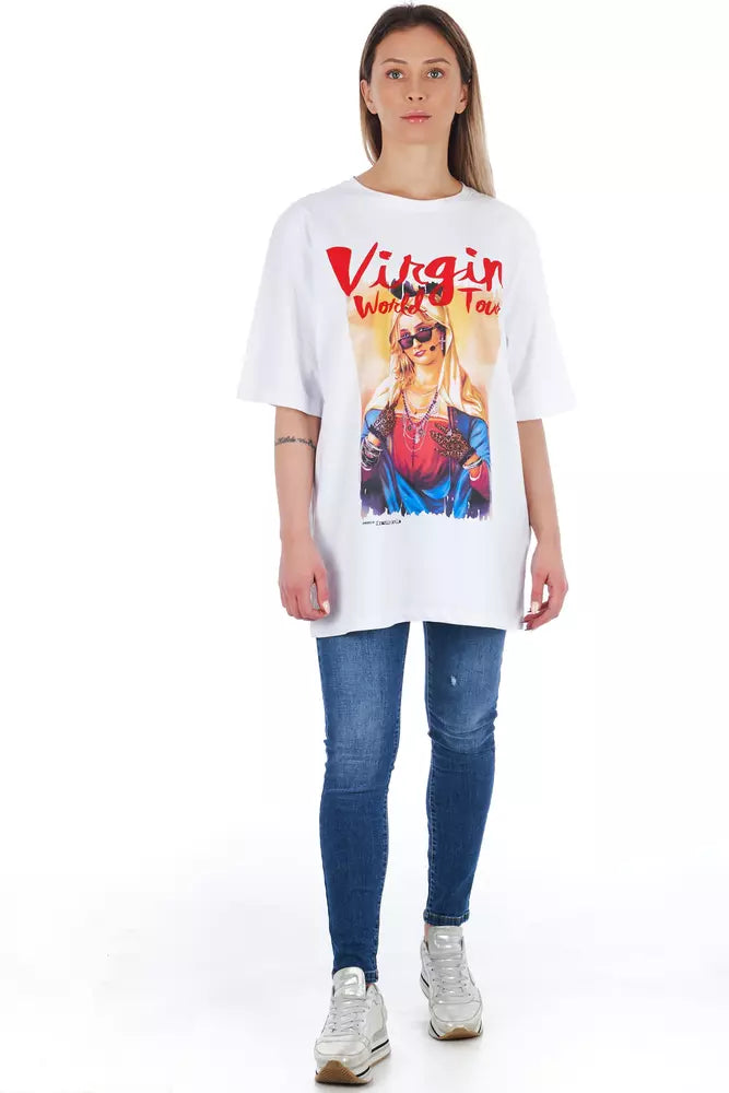 White cotton women's t-shirt with short sleeves and a graphic print on the front